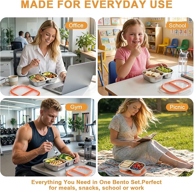 XIANKE 3Pack Stainless Steel Lunch Box, 27oz/800ml Snack Containers with Lids, Stainless Steel Food Storage Container with Lockable Clip, Leak-proof, Dishwasher-Safe Snack Box for Travel, Work