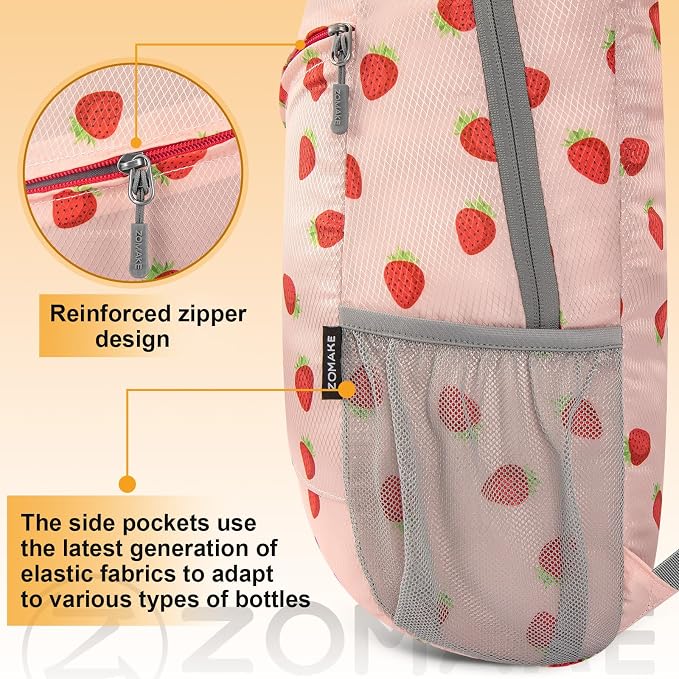 ZOMAKE Lightweight Packable Backpack 20L, Foldable Small Daypack for Hiking | Water Resistant Backpacks Day Bag for Travel Outdoor Camping Sport, Everyday Carry, Multiple Pockets(Strawberry Print)
