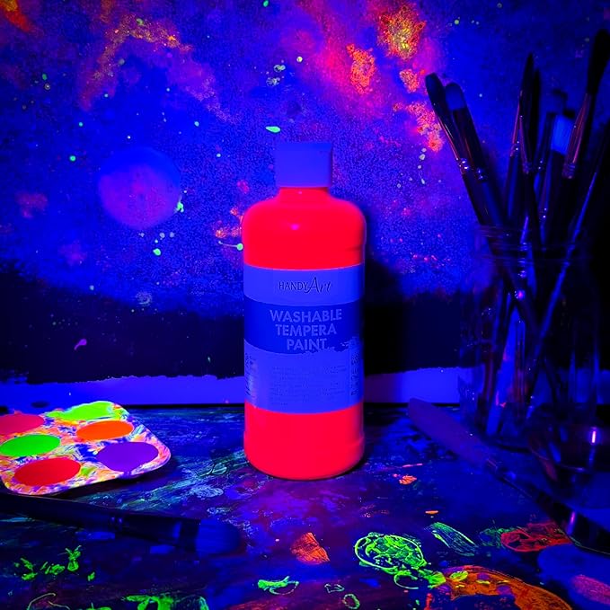 Handy Art Washable Tempera Paint, Fluorescent Magenta, 16 oz Bottle, Bright & Mixable, High Opacity, Glows UV Neon with Blacklight, Students, Kids, Young Artists, Safe & Non-Toxic, Made in USA