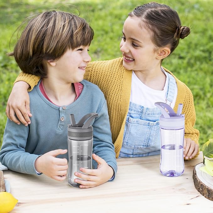 14oz Clear Kids Water Bottle with Straw Lid, BPA-Free Tritan, Measurement Scale, Sturdy Handle Wide Mouth Leak-proof Reusable Plastic Bottle for Boy& Girls, Back to School(Gray)