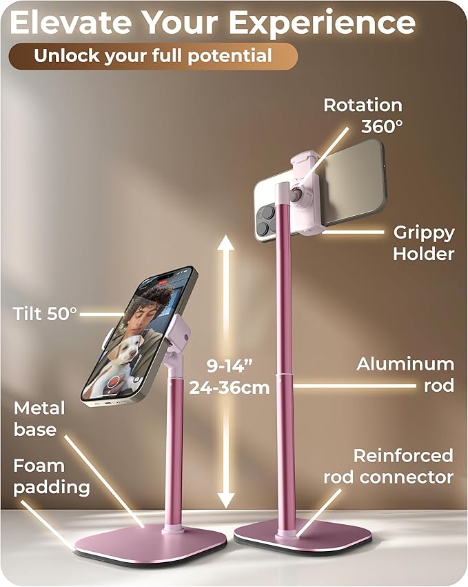 COOPER ChatStand, Adjustable Cell Phone Stand for Desk, Phone Stand for Recording, iPhone Holder for Filming, Small Tripod for iPhone, Fits Samsung, Android Smartphones, (Pink Rose Gold)