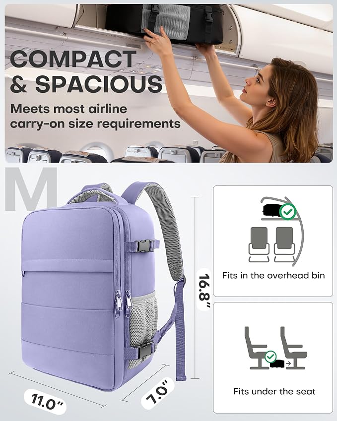 HOTOR Travel Backpack Flight Approved Bag Men Women, Medium Purple | TSA Carry on Luggage, 15.6inch Laptop, Casual Daypack Travel Essentials Nurse Bag for Work, Business, Weekender, College