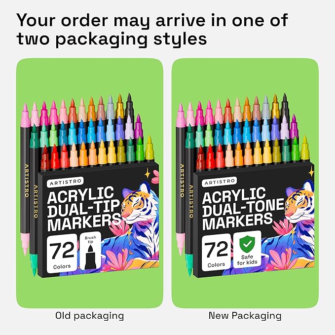 ARTISTRO Paint Markers 72 Colors - Acrylic Pens for Rock, Glass, Fabric, DIY - Art Supplies - 36 Dual Brush Tip Markers