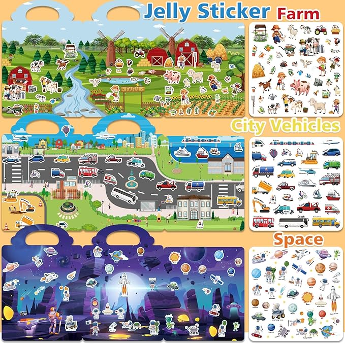 3 Sets of Reusable Jelly Stickers Books - Jelly Sticker Books for Kids - Airplane and Car Travel Toys Educational Gifts for Boys and Girls(Vehicles+Farm+Space)