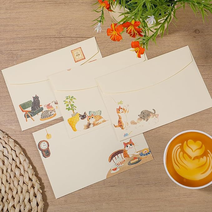 36 pcs Cat Stationery Paper and Envelopes Set, Warm Cute Cat Themed, Cute Letter Papers for Invitations Gift Decorations Holiday Party (24 Lined Stationery Paper with 12 Envelops)