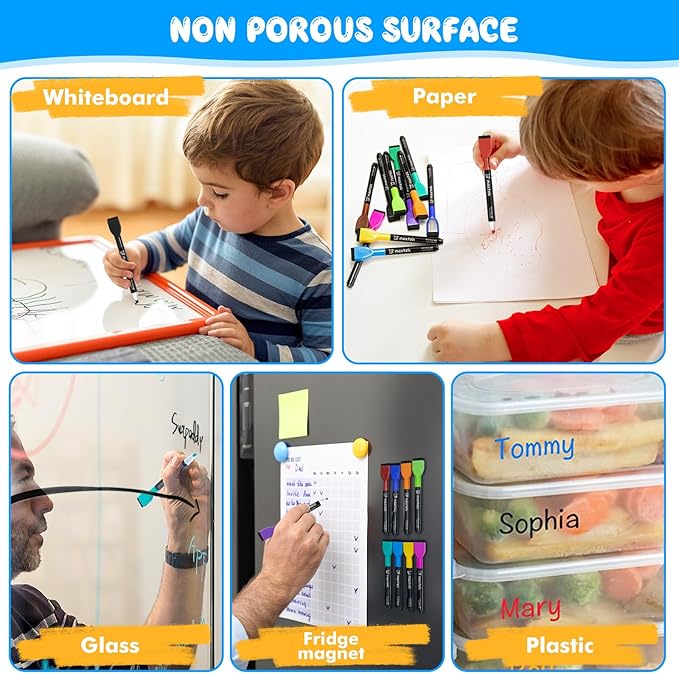 maxtek Magnetic Dry Erase Markers with Eraser - 12 Count Colorful Fine Tip Whiteboard Markers for Kids, Low Odor Whiteboard Markers for Calendar Boards White Board