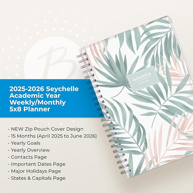 Blue Sky 2025-2026 Weekly and Monthly Academic Year 15 Month Planner Calendar, April 2025 - June 2026, 5" x 8", Flexible Cover With Zip Pouch, Wirebound, Storage Pocket, Seychelle