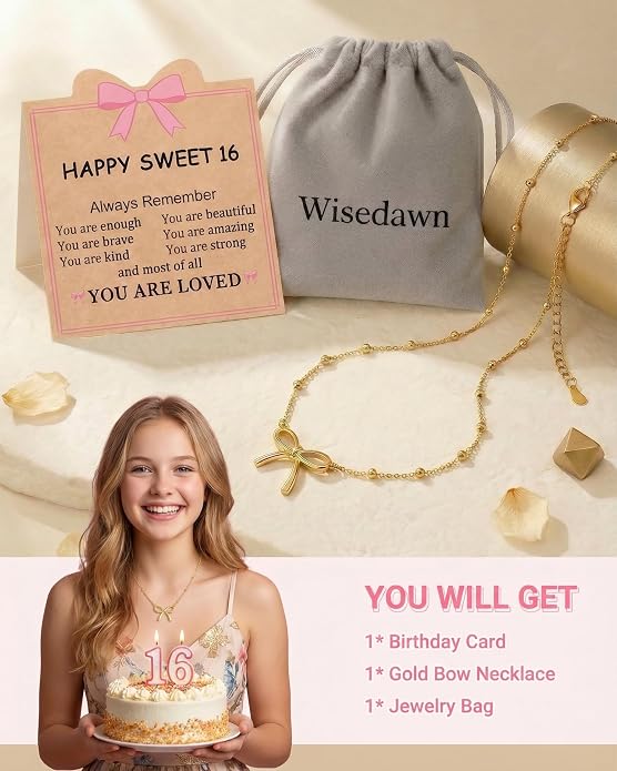 Gold Bow Necklace with Card, Graduation/16th/Back to Shool Gifts for Girl - You Are Enough and Loved