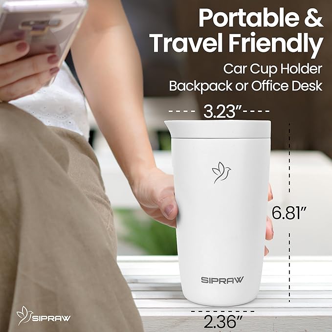 12oz Travel Coffee Mug Tumbler Insulated Stainless Steel Coffee Cup with Leakproof Lid for Hot and Cold Drinks BPA Free Reusable Mug Dishwasher Safe Cup Holder Friendly, White smoke
