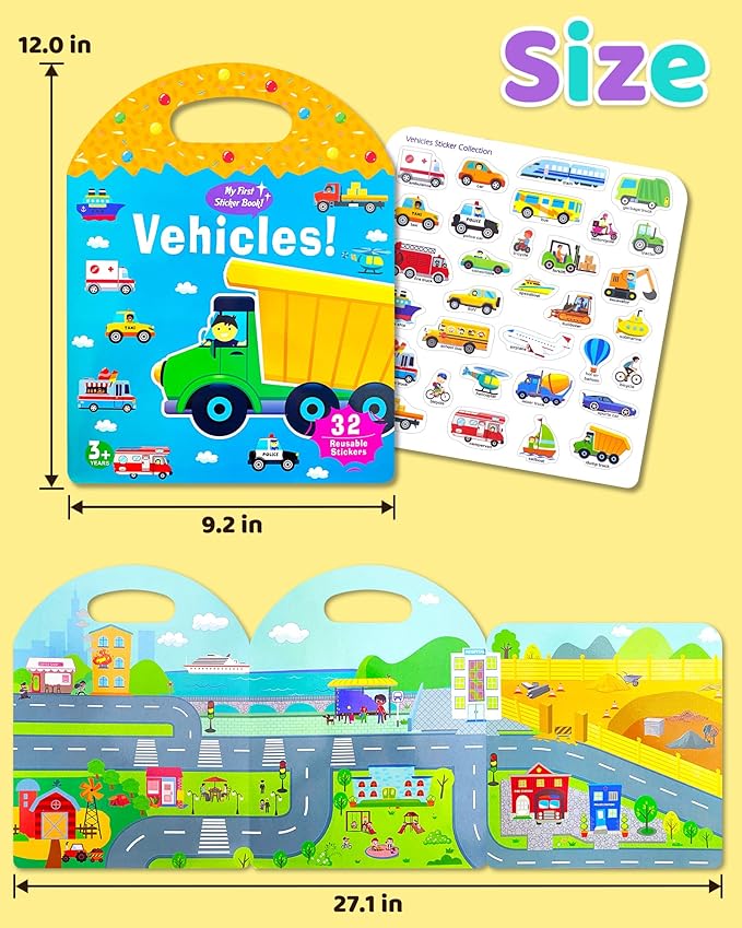 Benresive Reusable Sticker Book for Toddlers, Travel Stickers for Kids, Toddler Crafts Activities Toys, Birthday Gifts for Boys & Girls - Transport