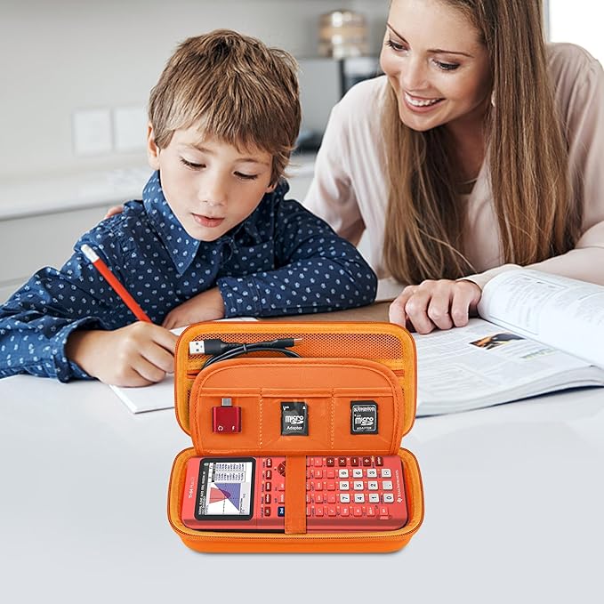Elonbo Carrying Case for Texas Instruments TI-84 Evo/TI-84 Plus CE Evo Graphing Calculator, Extra Mesh Pocket Fits Charging Cable Charger Manual, Orange