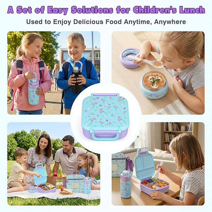 Bento Lunch Box for Kids with 7oz Soup Thermo,Insulated Stainless Steel Kids Water Bottle with Straw and Insulated Lunch Bag,Leak-Proof Lunch Food Container with Ice Pack for School (Purple-Mermaid)