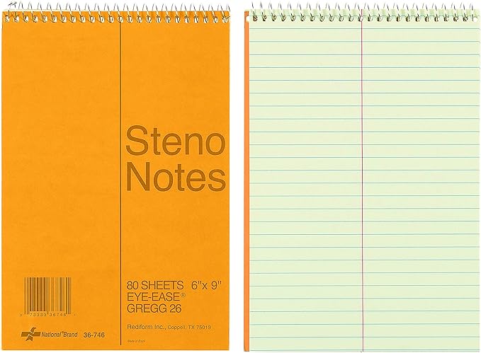 National Brown Board Cover Steno Notebook, Gregg Ruling, Green Eye-Ease Paper, 80 Sheets, 6 x 9.25 x 6 inches, Pack of 12 (36746-12)