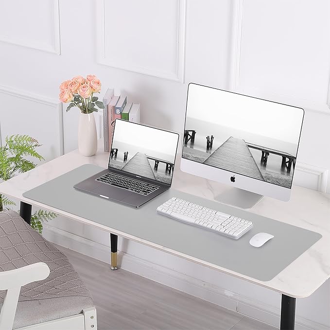 AFIING Cork Desk Mat 35.4" x 17", Dual-Sided Natural Cork & PU Leather Desk Pad, Non-Slip Waterproof Large Mouse Pad for Office, Home & Gaming, Light Grey