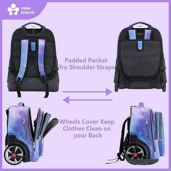 NEW TILAMI 20" Rolling Backpack for Teens Adults, Climbing Stairs Waterproof Backpack with Wheels for School Business Trave Camping with Laptop Compartment, Fit 17 Inch Laptop, Purple - Blue Fade