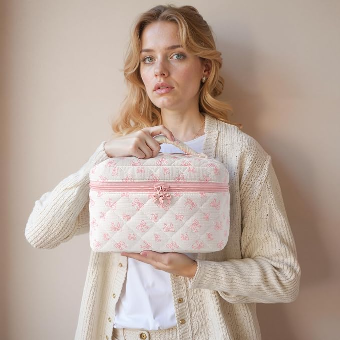 HBselect Quilted Makeup Bag, 3Pcs Cotton Large Travel Makeup Bags Organizer | Cute Floral Make up Bag Cosmetic Bag Toiletry Bag for Women Girls, Makeup Pouch for Skincare, Brushes & Travel Essentials