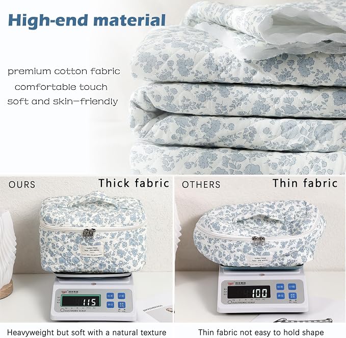 uekeboag Large Travel Quilted Makeup Bag for Women | Soft Floral Cotton Cosmetic Bag, Foldable Coquette Aesthetic Toiletry Organizer