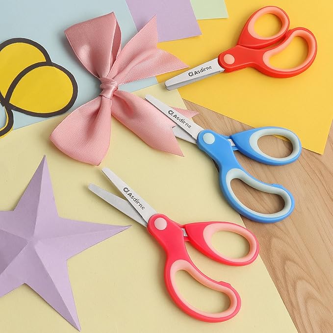 Asdirne Left Kids Scissors, Safety Children Scissors with Blunt Tip Stainless Steel Blades and Soft Grip, Great for Home and School, Assorted Color, 13.5cm, 3 Pack