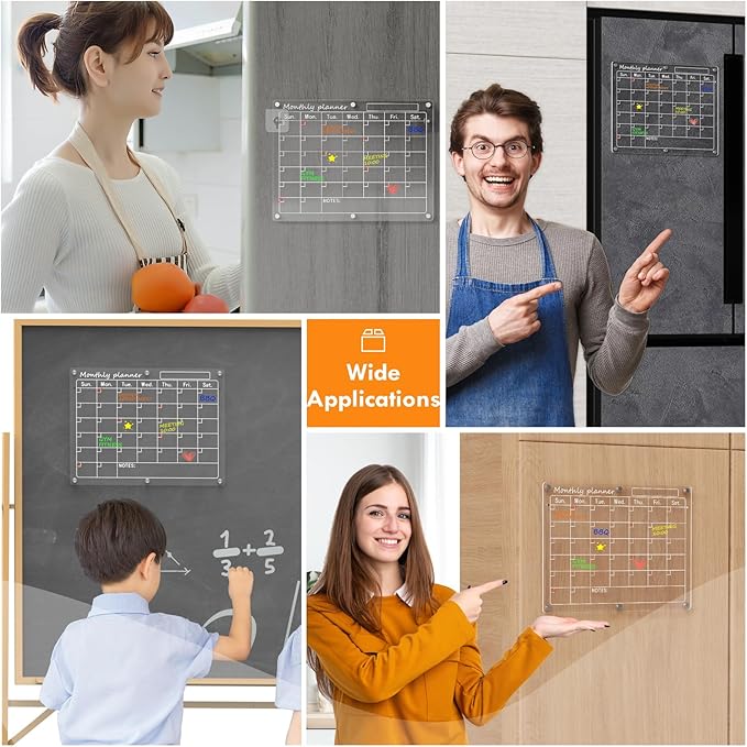 Magnetic Acrylic Calendar for Fridge,3 Pack 11"x15" Clear Fridge Calendar Dry Erase Planning Boards Set Includes 6 Colorful Highlight Markers,Magnetic Pen Holder and Erase Towel
