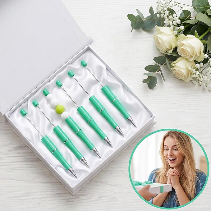 jiebor 30Pcs Beadable Pens Plastic Bead Ballpoint DIY Cute Cool Pens Black Ink for Women Men Bridal Graduation Gift Office Supplies Light Green