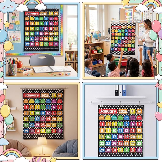Gueevin 124 Pcs Classroom Calendar Bulletin Board Set Black and White Polka Dots Seasons Weather Calendar Chart Bulletin Board Display with Cards Festival Pocket Chart for Learning Decoration