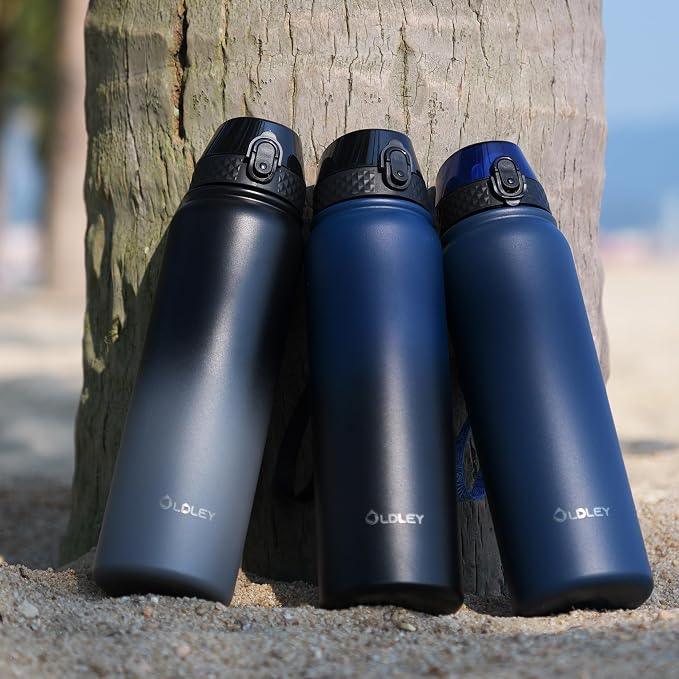 Oldley Insulated Water Bottle 32oz Water Bottles with Straw, Stainless Steel Water Bottle with 3 Lids, Double Wall Vacuum Bottels for Adults Kids,Leak-Proof Sport Bottles for School Travel, Navy Blue