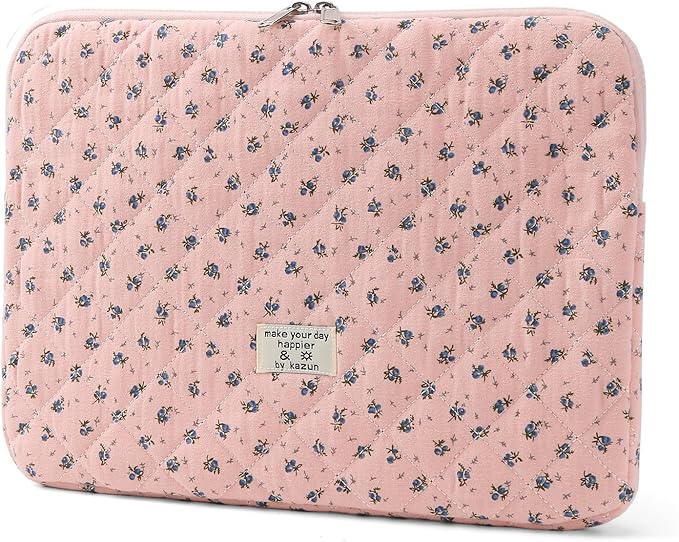 Puffy Laptop Sleeve 13-15.6 Inch Cute Quilted Laptop Protective Case Padded Floral Computer Sleeve for MacBook (A-Dark Pink, 13 Inch)