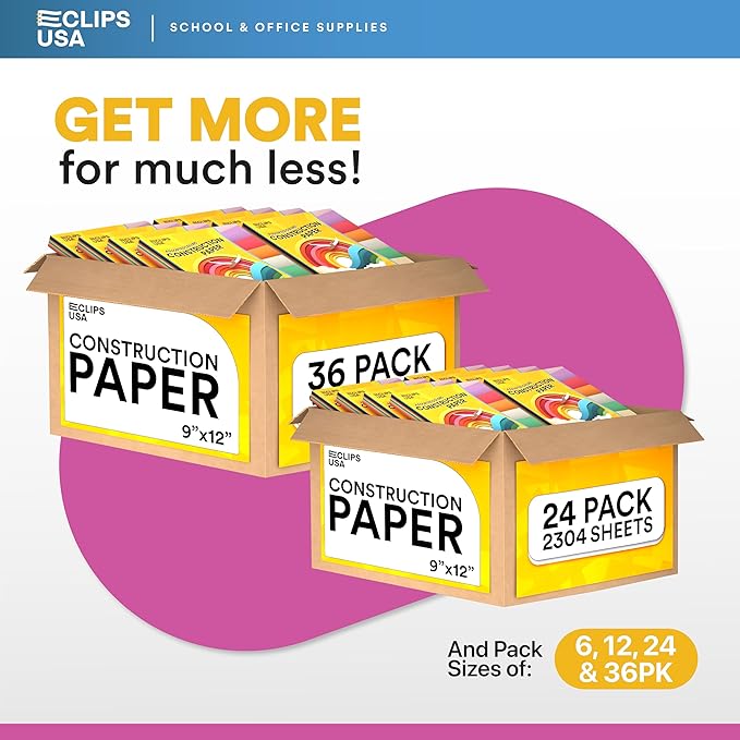Construction Paper Assorted Colors, Colored Paper, Craft Supplies, Colored Construction Paper Bulk, Back to School Supplies (1 Pack / 96 Sheets)