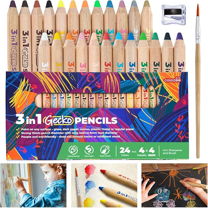 3 In 1 Color Pencil Set for Kids -24 Colored Pencil for Toddlers. Fat Coloring Pencils with Brush and Sharpener - Non-Toxic and Vegan Cute Color Pencils Perfect for Toddler Art Supplies
