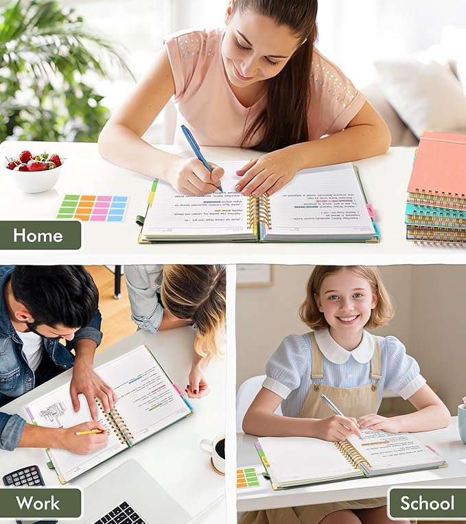 Spiral Notebook Journal with Removable Dividers Tabs, 300 Pages Hardcover Leather 5 Subject College Ruled Notebook, 6.1"x8.2" A5 Lined Journal for Women Men, Spiral Notebook for Work School,Green