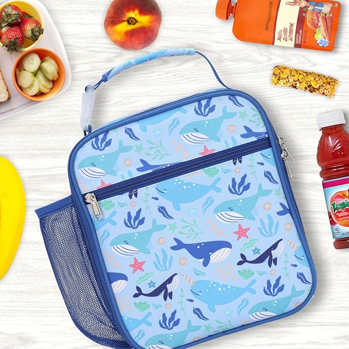 Bagseri Kids Lunch Box for Boys - Insulated Toddler Lunch Bag Fits Bento Box, Reusable Daycare Cooler Tote with Clip Handle, Water-Resistant Lining, Blue Whale