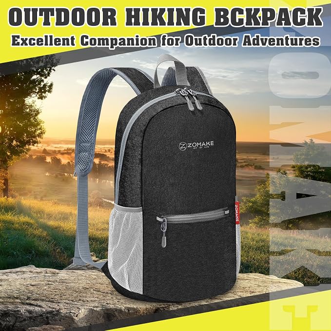 ZOMAKE Lightweight Packable Backpack, 10L Small Foldable Daypack for Hiking | Water Resistant Collapsible Backpacks for Women Men, Everyday Carry, Multi Compartment Storage, Adjustable Strap(Black A5)
