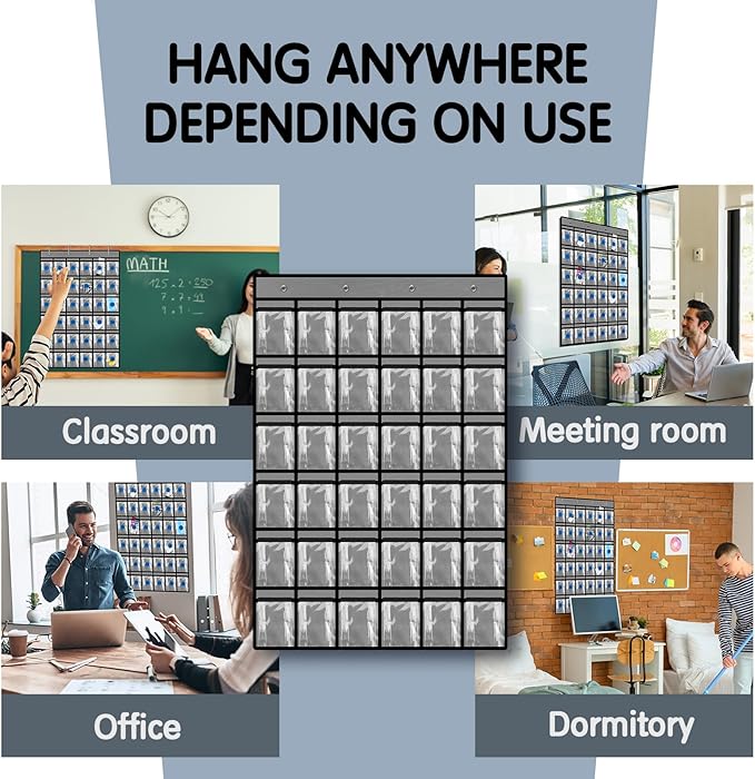 Kotkn 36 Pocket Charts for Classroom Cell Phones, 36 Clear Pocket Charts with Numbered Stickers, Classroom Hanging Cell Phone Organizer, Hangs on Wall, Door Storage Hooks (Gray)