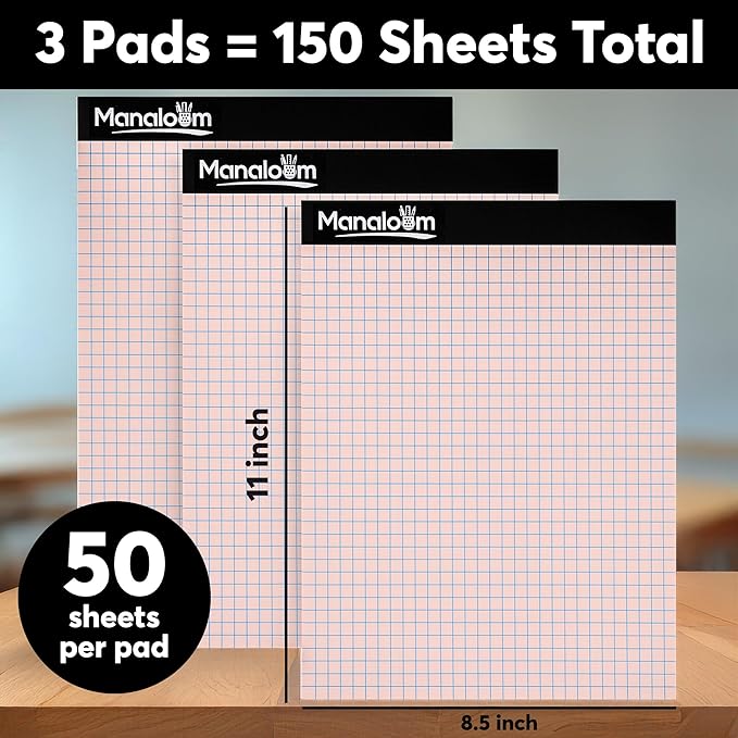 Graph Paper Pad 8.5 x 11 Inch - 3 Pack, 50 Sheets Each (150 Sheets Total) 4x4 Quad Ruled/Grid Notebook, 75 GSM Paper, 5 Colored Pages, Perforated Sheets - for Students,School, Math & STEM (Pastel)