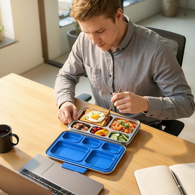 Pawtong Stainless Steel Lunch Box, 5-Compartment Bento Lunch Box for Kids & Adults,Metal Lunch Box with Removable Silicone Container, Lunch Box Containers for School,Office (Blue)