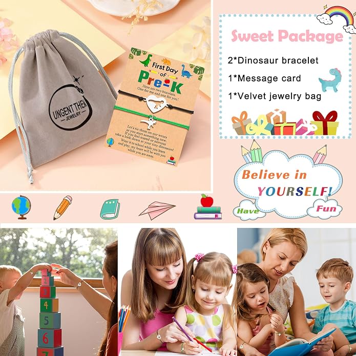 UNGENT THEM Back to School Bracelet Mother Son Dinosaur First Day of School Gifts for Boys Girls
