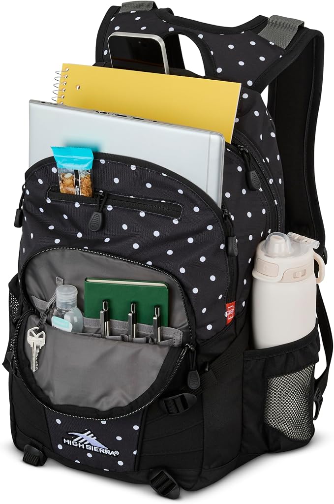 High Sierra Loop Backpack, Travel, or Work Bookbag with tablet sleeve, One Size, POLKA DOTS/BLACK