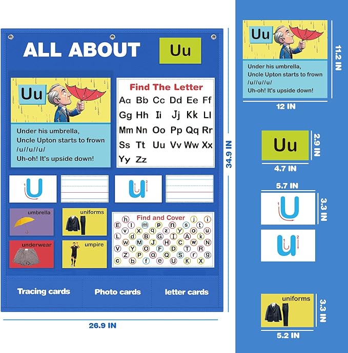 Alphabet Learning Pocket Chart, Alphabet Wall Chart for Toddlers 1-3, Handwriting Practice Letter Tracing Circle Time Learning Center for Classroom, Preschool Classroom Must Haves XL35x 27"