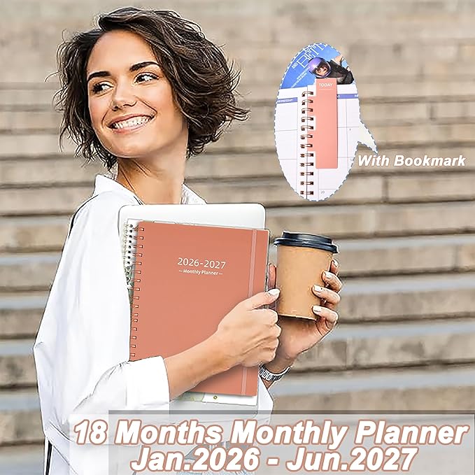 2026-2027 Monthly Planner(7.4'' x 9.6''), 18 Months Agenda Planner from Jan 2026-Jun 2027, Calendar 2026 with Pocket, 120GSM Paper, Pink