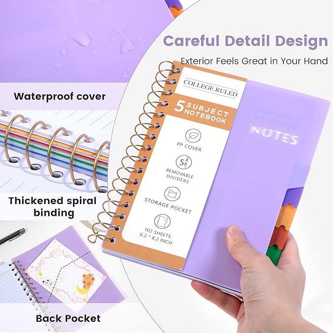 CAGIE Small Spiral Notebooks with Removable Dividers Tabs, 5 Subject Notebook College Ruled 6''×8'', A5 Notebooks for School Work with Plastic Cover, Back Pocket, Spiral Bound, Purple