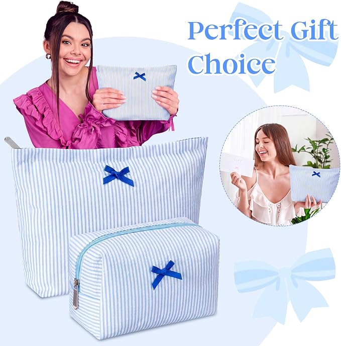 Huhumy 2 Pcs Bow Tie Makeup Bag Set, Stripe Cosmetic Pouch for Women, Seersucker Travel Toiletry Bag, Preppy Makeup Purse Pouch, Aesthetic Skincare Brushes Storage Organizer for Women Gifts(Blue)