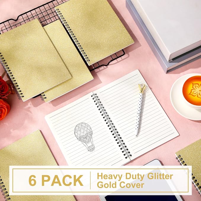 Yahenda 6 Pcs Spiral Notebooks, 1 Subject, Wide Ruled, Glitter Gold