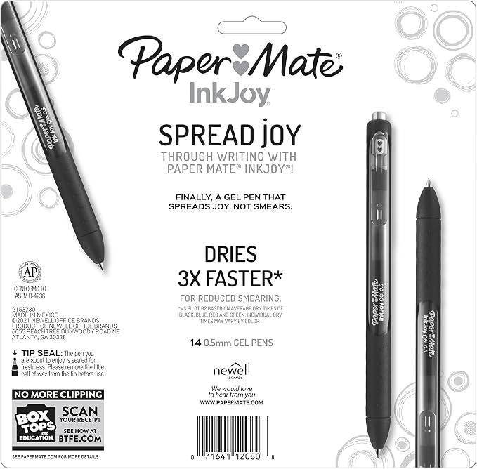 Paper Mate InkJoy Pens,Gel Pens,Fine Point (0.5 mm),Assorted,- Back to School,Teacher Supplies,Writing,Journaling,14 Count (Pack of 12)