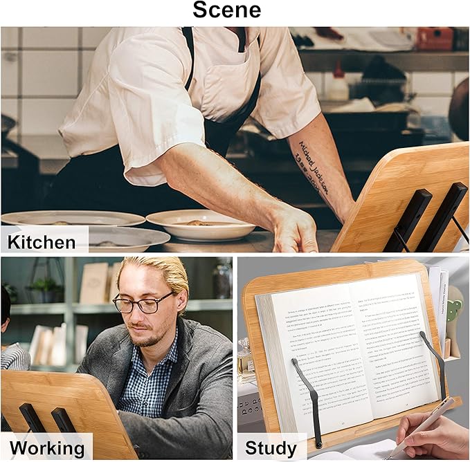 Readaeer Bamboo Book Stand, Large Book Holder with 6 Adjustable Height, Foldable Cookbook Stand Desktop Document Holder for Kitchen & Office (13.4 x 9.3 Inch)