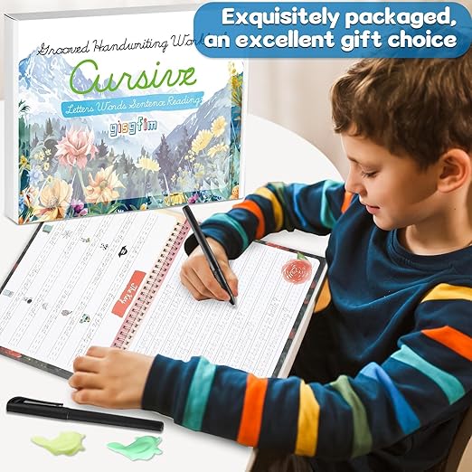 gisgfim 4 Pack Grooved Cursive Handwriting Workbook Kit Magic Reusable Grooved Handwriting Practice with Disappearing Ink Pens Cursive Workbook for Kids Number Poems Jokes & Riddles Inspiring Quotes