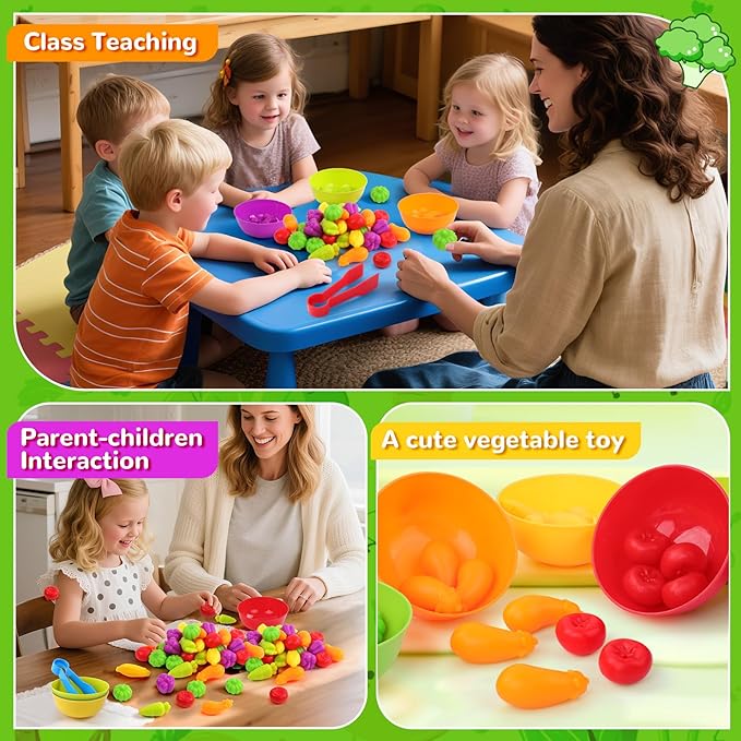 USATDD Counting Vegetables Color Sorting Matching Games with Bowls Preschool Learning Activities Sensory Toys Montessori Toys Easter Basket Stuffers Gifts for Toddlers Kids Boys Girls Aged 3-5