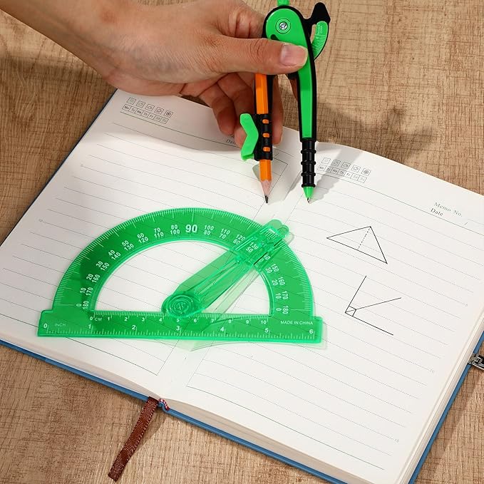 Zonon 2 Pcs Student Protractor and Compass, Student Geometry Math Set Drawing Compass and 180 Degree 6 Inch Protractor with Swing Arm for Drawing Measuring School Office (Green)