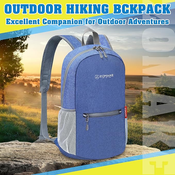 ZOMAKE Lightweight Packable Backpack, 10L Small Foldable Daypack for Hiking | Water Resistant Collapsible Backpacks for Women Men, Everyday Carry, Multi Compartment Storage,Adjustable Strap(Dark Blue A5)