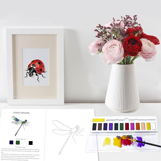 CraftyManor Watercolor Workbook Creative Insect Water color Paint Book Set with Paints & Brush, 12 Patterns of Original DIY Designs, Beginner-Friendly Adult Coloring Books (Insect)