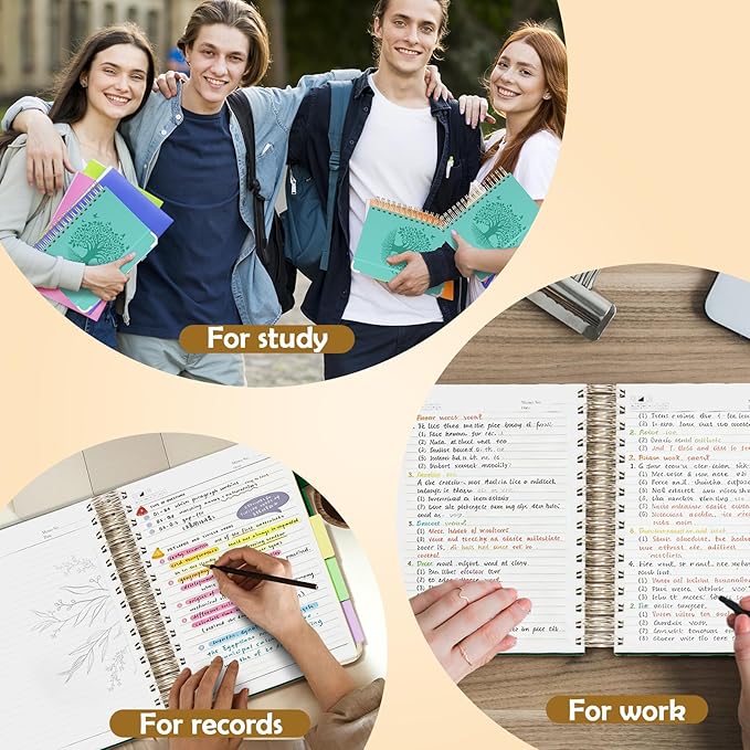 QIYVLOS Hardcover Spiral Notebook, A5 Journal with Removable Dividers Tabs, 5 Subject Notebook College Ruled, 320 Pages 6"x8" Leather Notebooks for Work School Study, Lined Journal for Women, Cyan